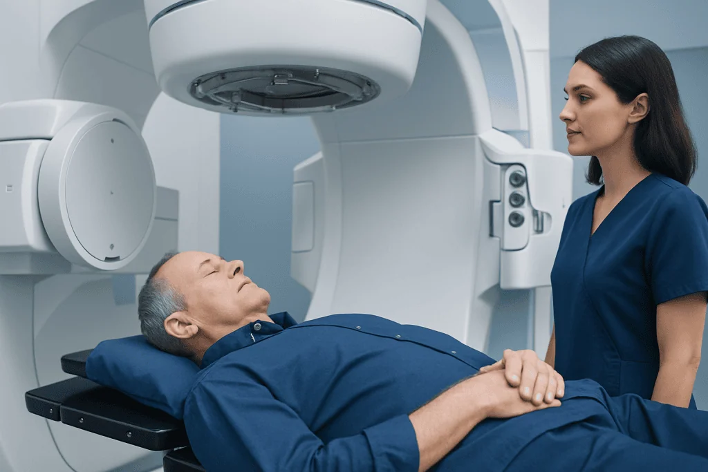 Patient undergoing radiation therapy in a modern medical facility.