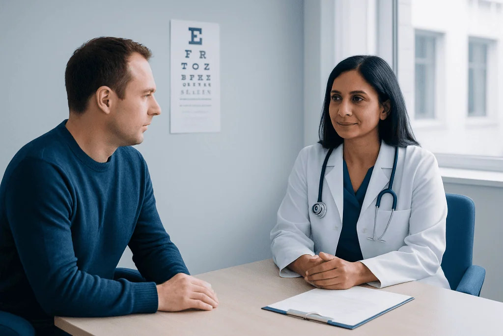 Doctor consulting with a patient in a medical office setting.