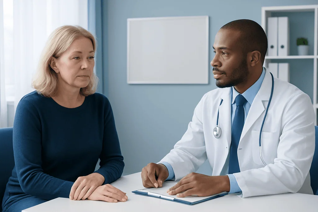 Doctor consulting with a female patient in a medical office.