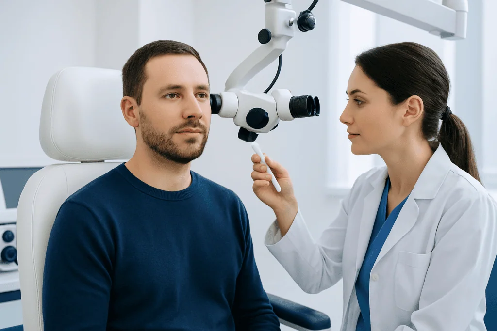 Doctor examining patient's ear in a clinical setting at Acibadem Hospitals.
