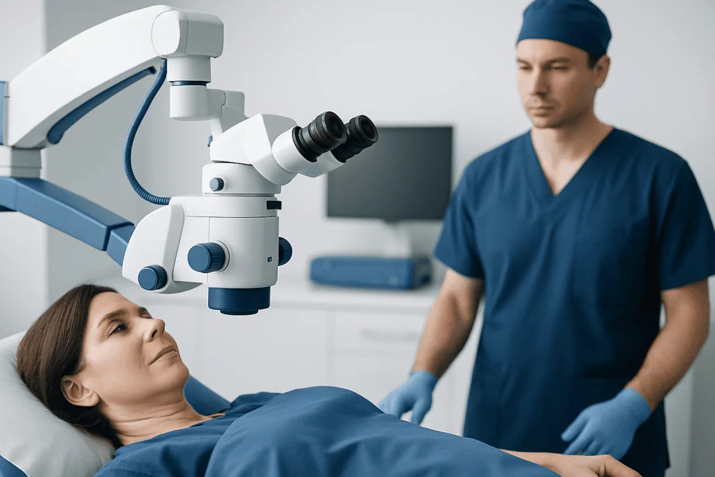 Surgeon performing Mohs surgery using a microscope at a hospital.