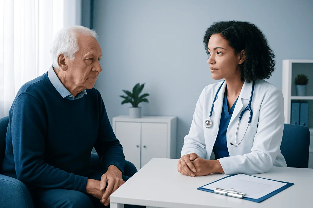 Doctor consulting with elderly patient in a medical office.