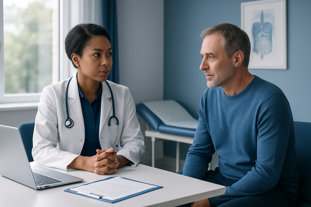 Doctor consulting with a male patient in a medical office.