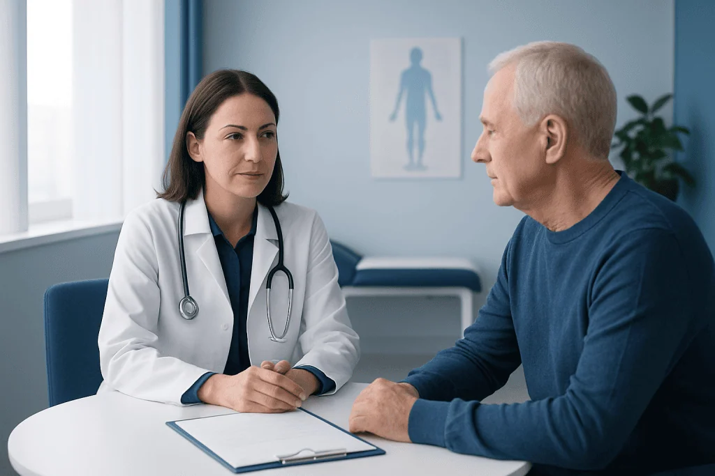 Doctor consulting with an elderly male patient in a medical office.
