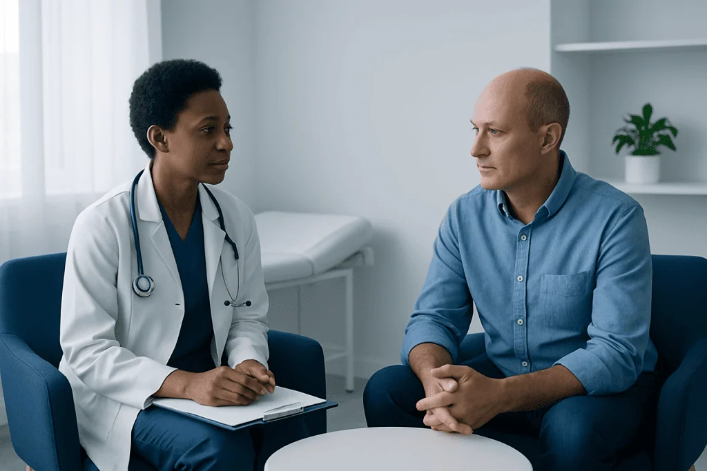 Doctor consulting with a male patient in a medical office.