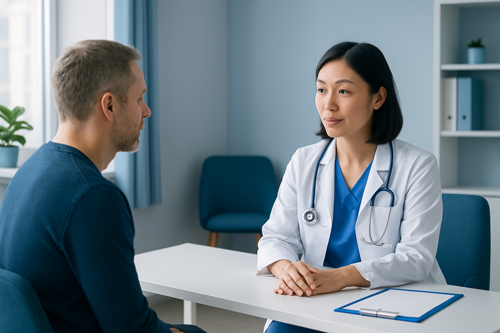 Doctor consulting with patient in a medical office setting.