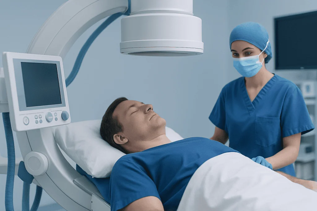 Patient undergoing a medical procedure at Acibadem Hospital with healthcare professional.