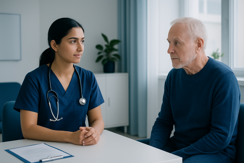 Doctor consulting elderly patient in a medical office.