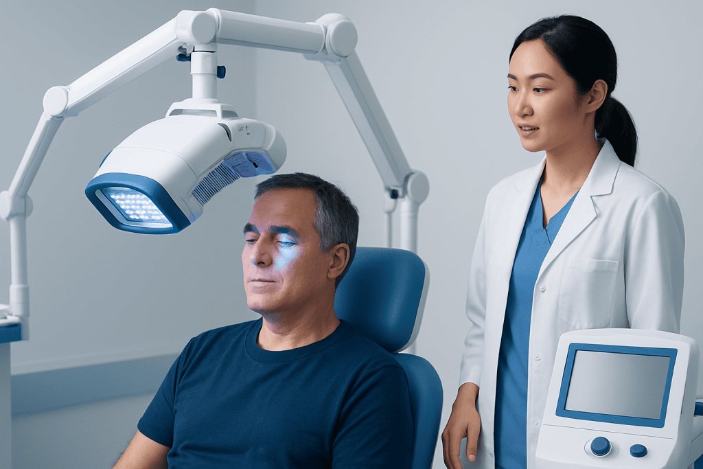 Medical professional prepares patient for photodynamic therapy treatment.