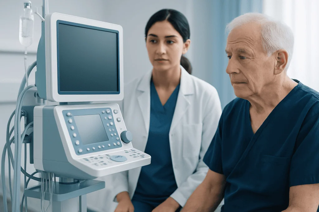 Doctor and patient in a hospital room with medical equipment.