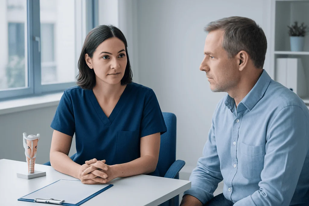 Doctor consulting with a patient in a modern clinic setting.
