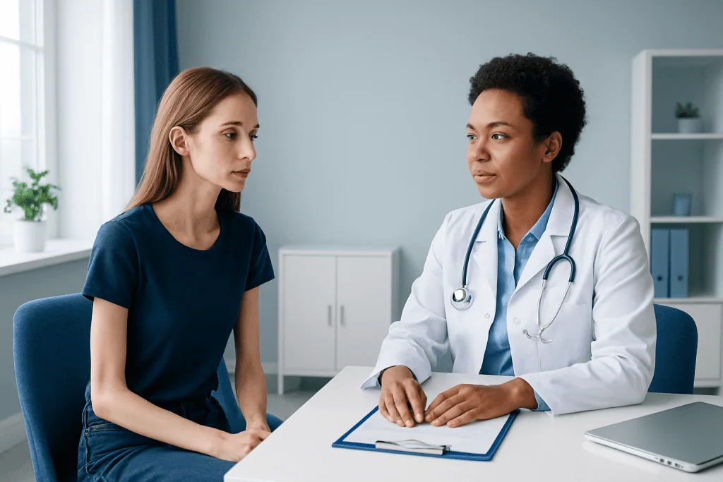 Doctor consulting with a young female patient in a modern clinic.