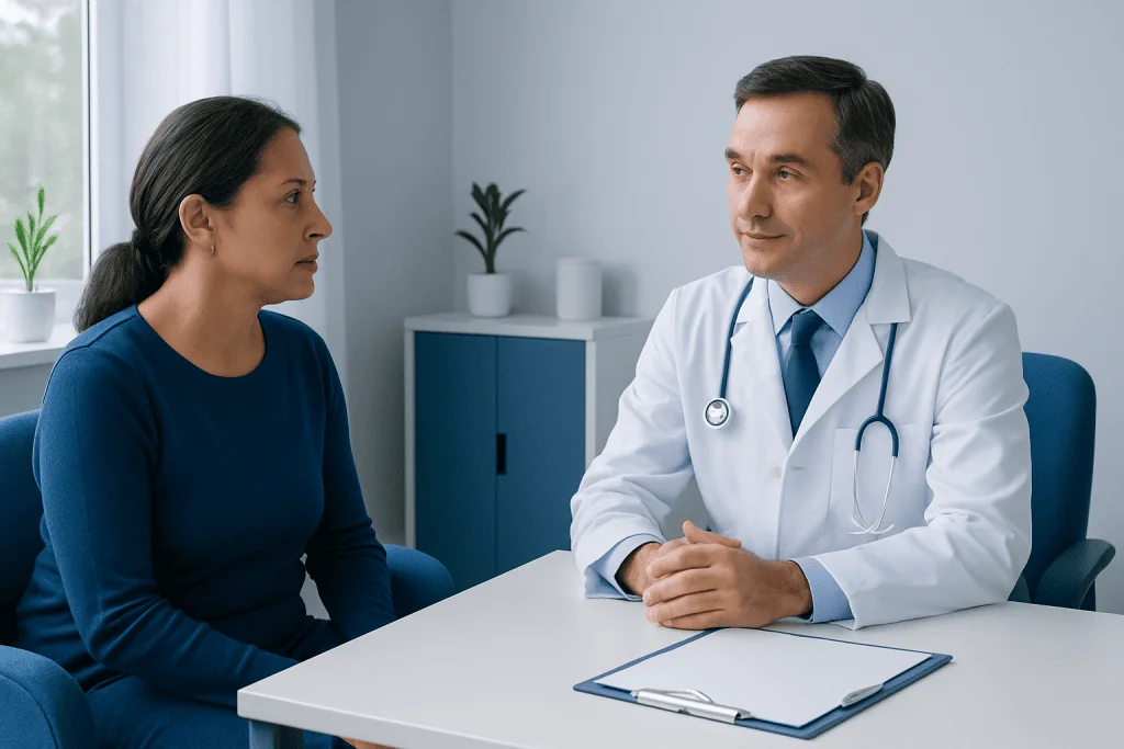 Doctor consulting with a female patient in a modern clinic setting.