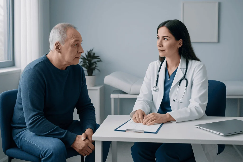 Doctor consulting with an elderly patient in a medical office.