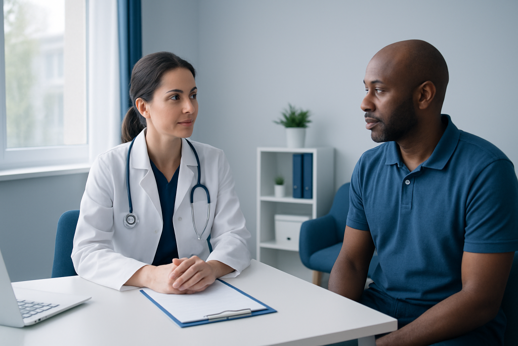 Doctor consulting with patient in a medical office setting.