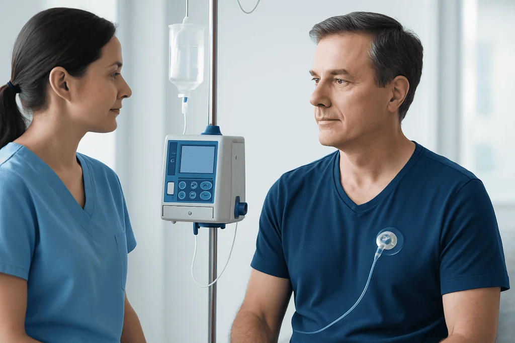 Patient and nurse in a hospital room with medical equipment and IV drip.