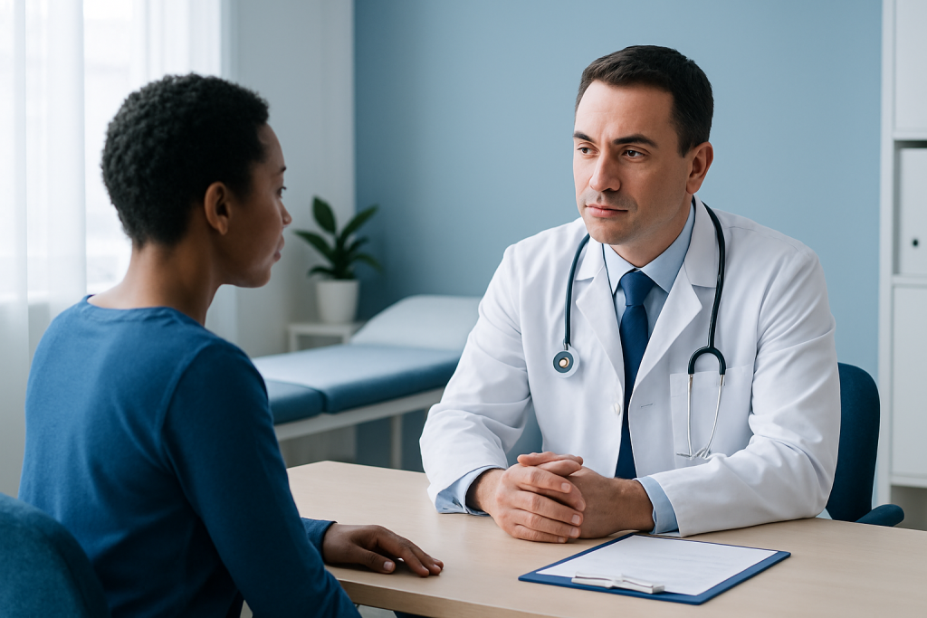 Doctor consulting with a patient in a medical office setting.