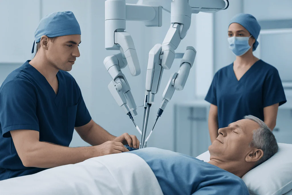 Surgeons perform robotic-assisted prostate removal surgery in a hospital.