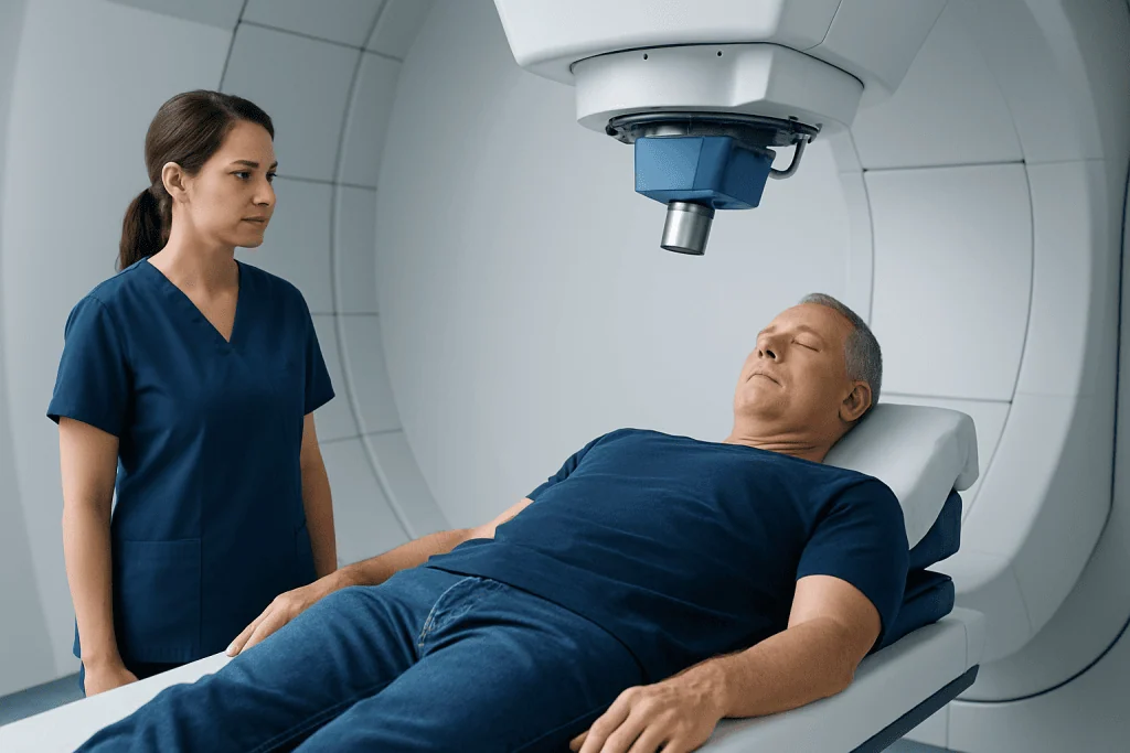 Patient undergoing proton therapy for prostate cancer at a specialized hospital.