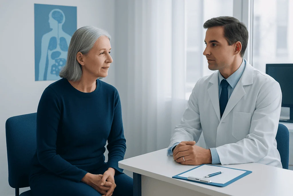 Doctor consulting with an elderly female patient in a medical office.