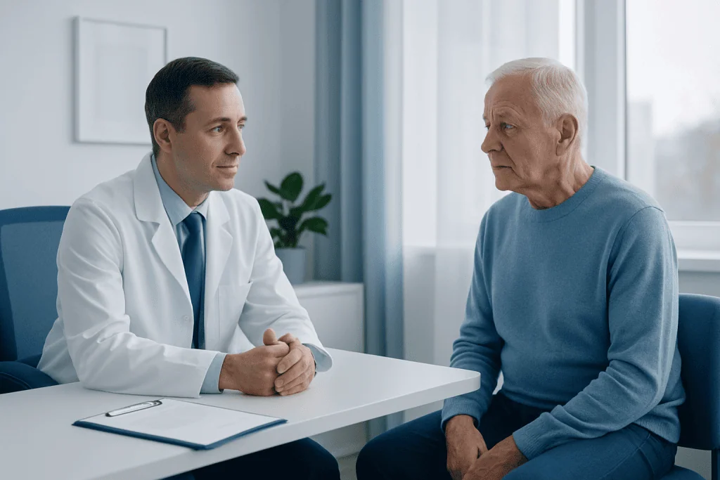 Doctor consulting with an elderly male patient in a medical office.