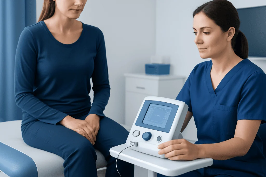 Medical professional performing a diagnostic test on a patient with a specialized device.