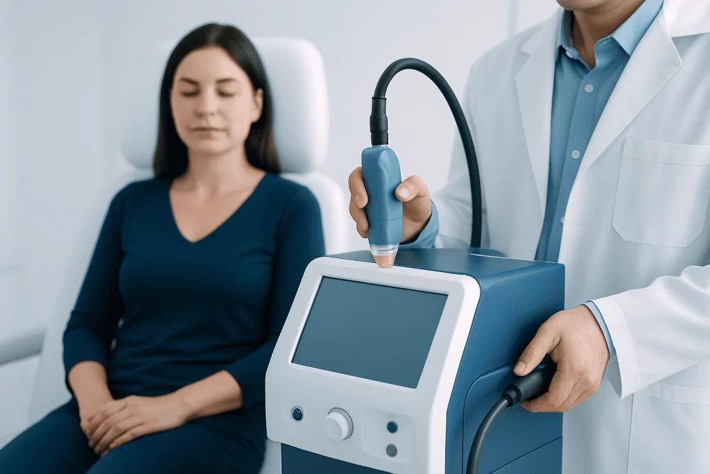 Medical professional performing pulsed dye laser treatment on patient.
