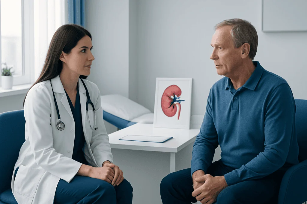 Doctor consulting with a patient about kidney health in a medical office.