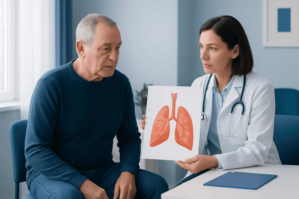 Doctor explaining lung anatomy to patient in a consultation room.