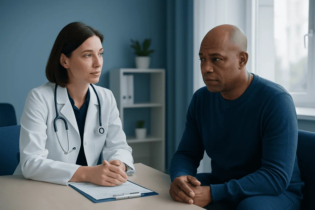 Doctor consulting with patient in a medical office setting.