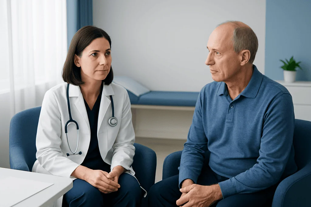 Doctor consulting with a male patient in a medical office.