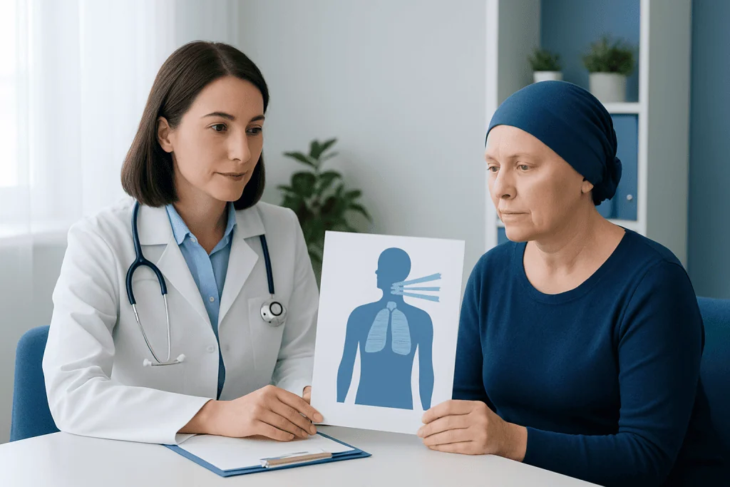 Doctor explaining lung X-ray to patient in a consultation room.