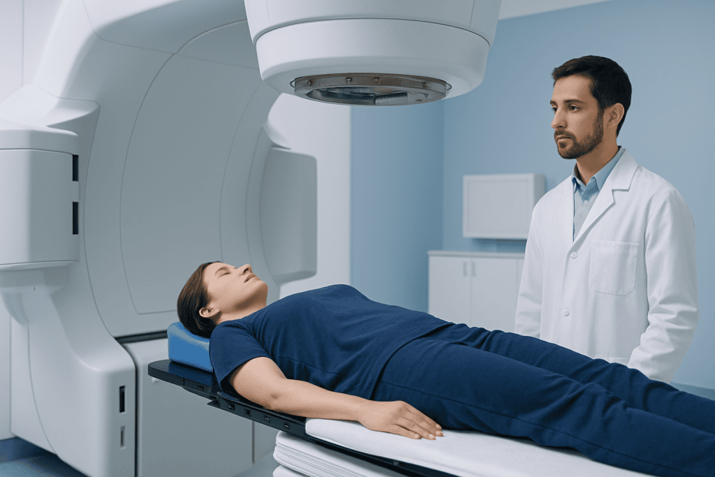 Patient undergoing radiation therapy in a modern medical facility.
