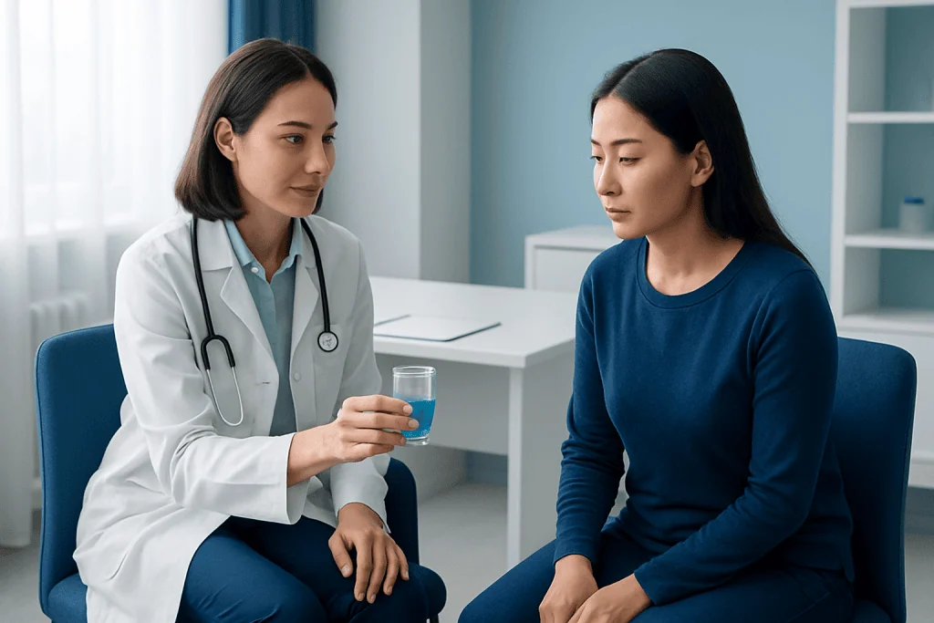 Doctor explaining treatment options to a patient in a medical consultation room.