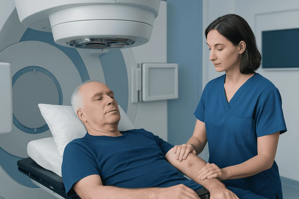 Medical professional preparing patient for skin cancer radiation treatment.