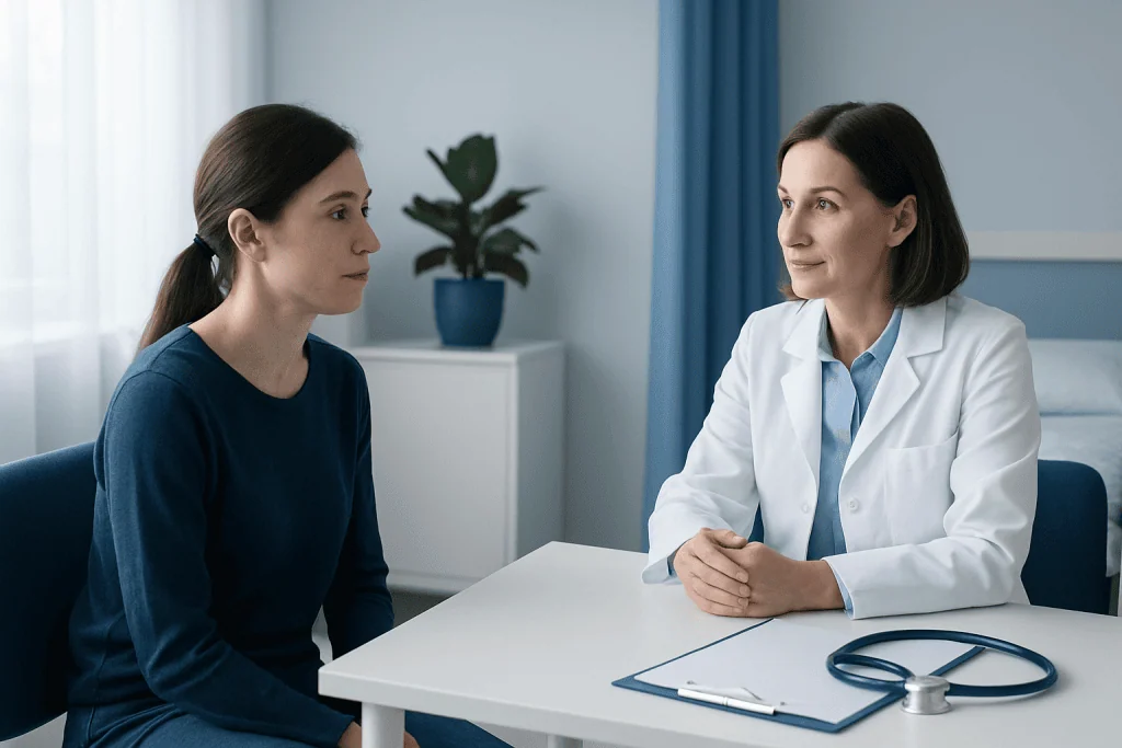 Doctor consulting with patient in a medical office setting.
