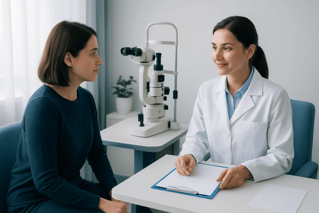 Optometrist consulting with patient in a modern clinic setting.