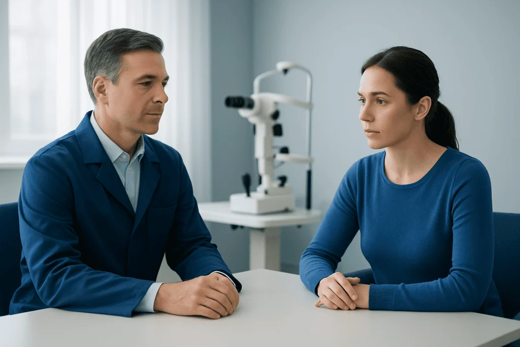 Dermatologist consulting with a patient about eye nevus removal.