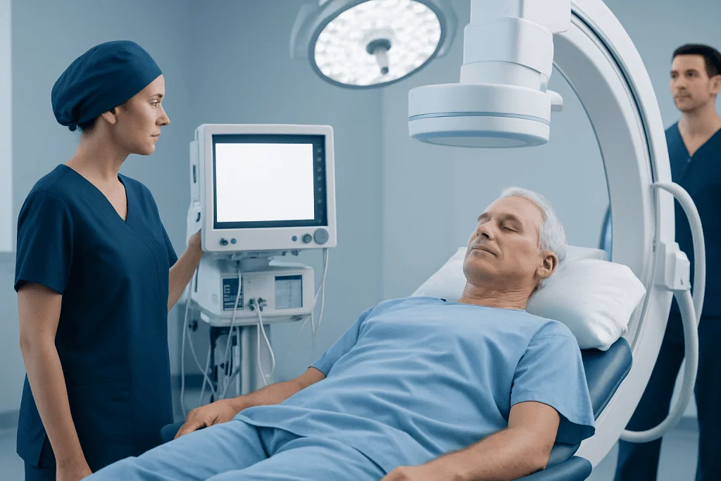 Medical team preparing patient for aortic aneurysm surgery at Acibadem Hospital.