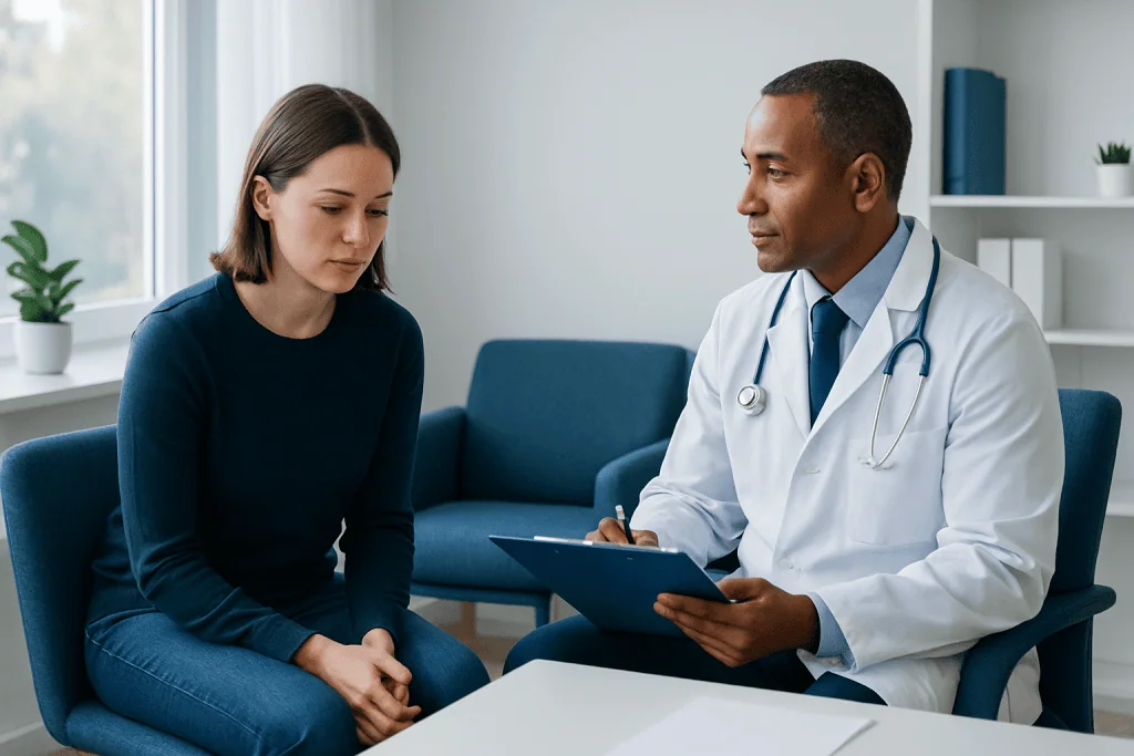 Doctor consulting with a patient in a modern medical office.