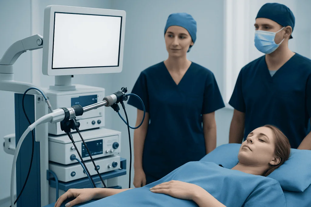 Medical team preparing for a gynecological procedure in a hospital setting.