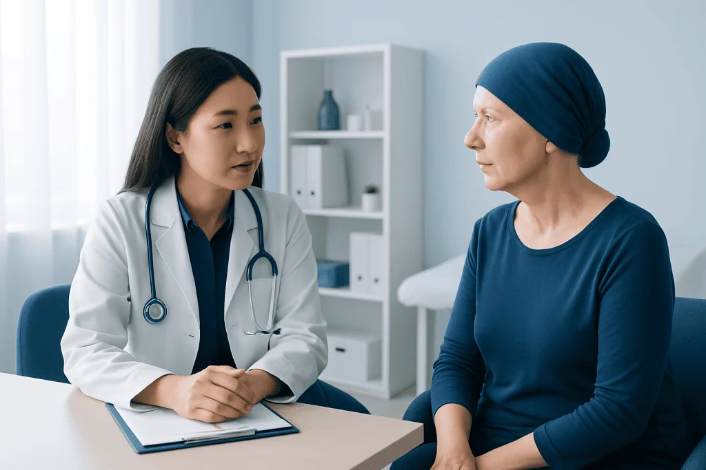 Doctor consulting with a female patient in a medical office.