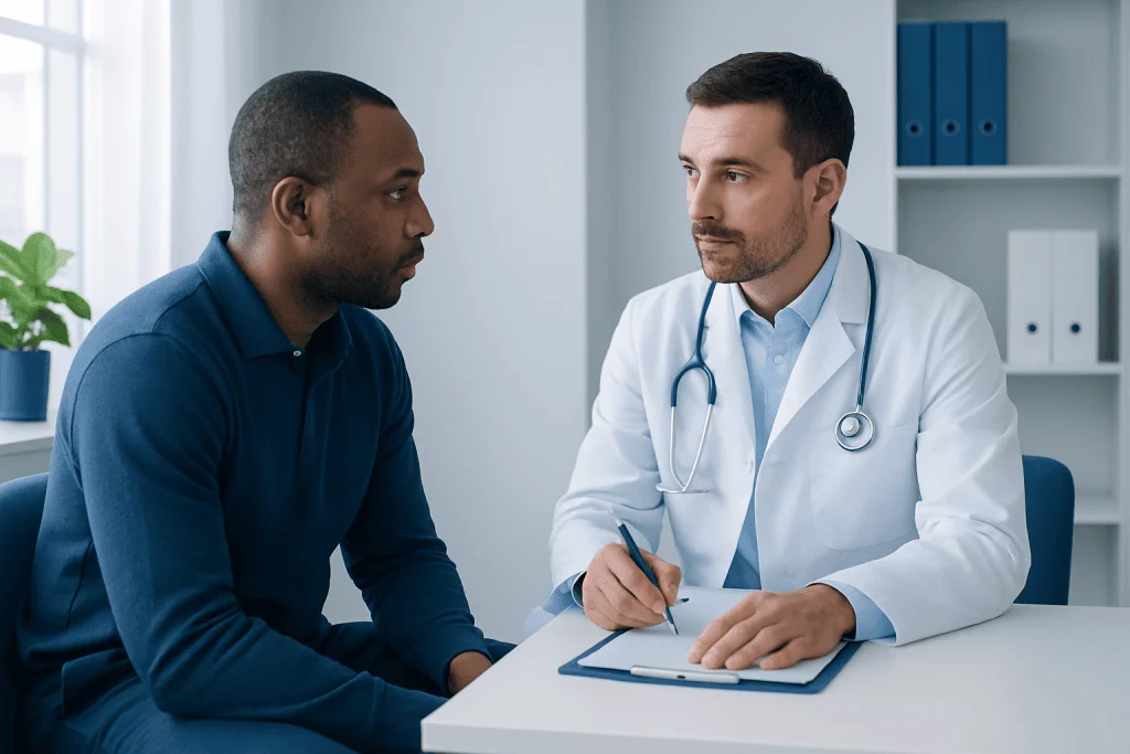 Doctor consulting with patient in a medical office setting.