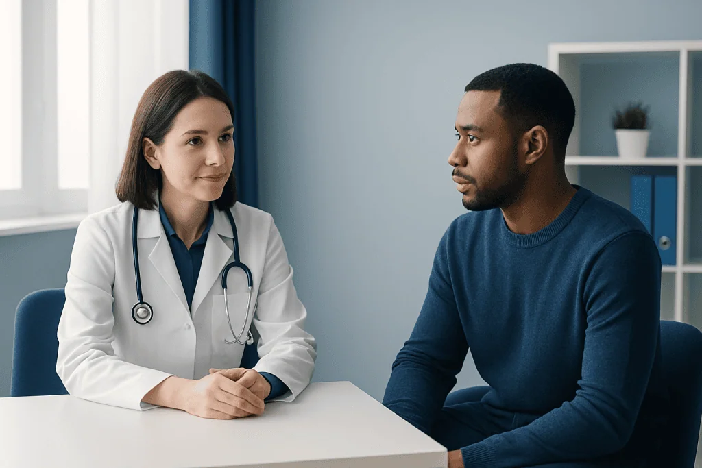 Doctor consulting with a patient in a modern medical office.