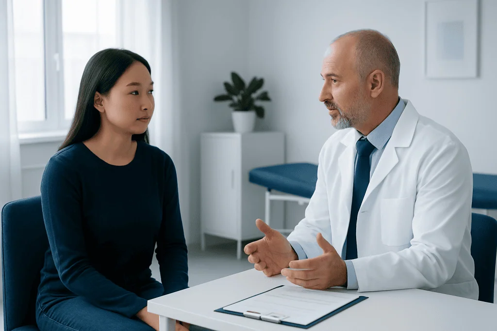 Doctor consulting with a patient in a modern medical office.