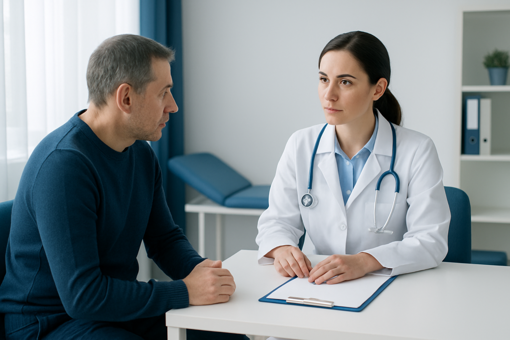 Doctor consulting male patient in a medical office at Acibadem Hospitals Group.