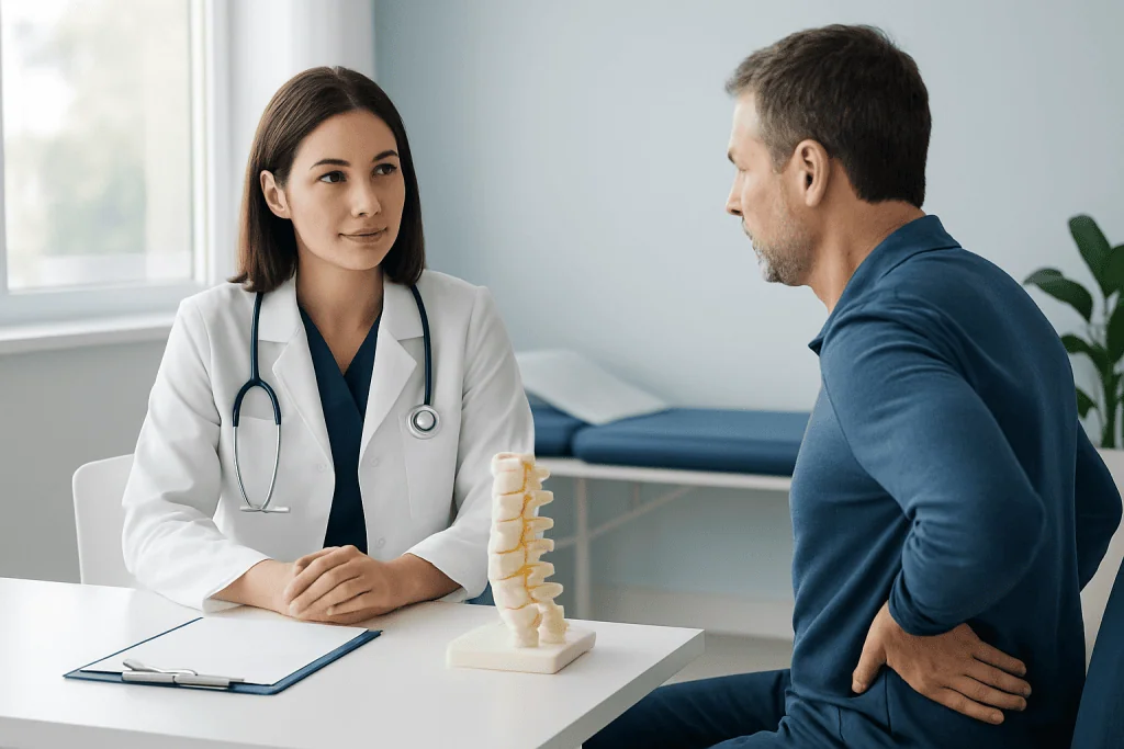 Doctor consulting with patient about spine pain treatment options at Acibadem Hospital.