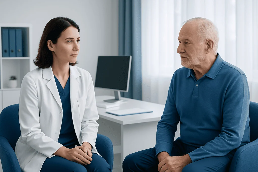 Doctor consulting with an elderly male patient in a medical office.