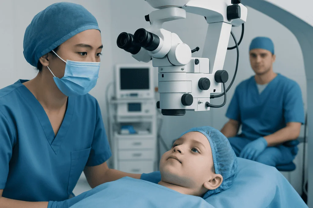 Pediatric ophthalmologist examining child's eyes with surgical microscope.