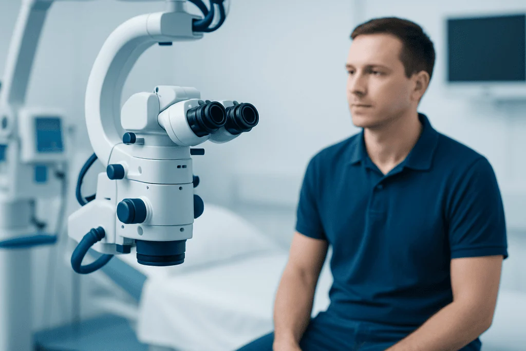 Medical professional examining a patient with advanced surgical microscope in hospital.